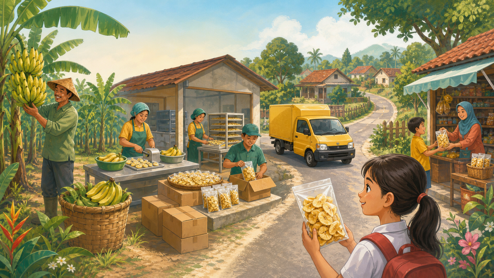 Aku mengamati perjalanan keripik pisang dari kebun, tempat pengolahan, kendaraan distribusi, hingga toko
