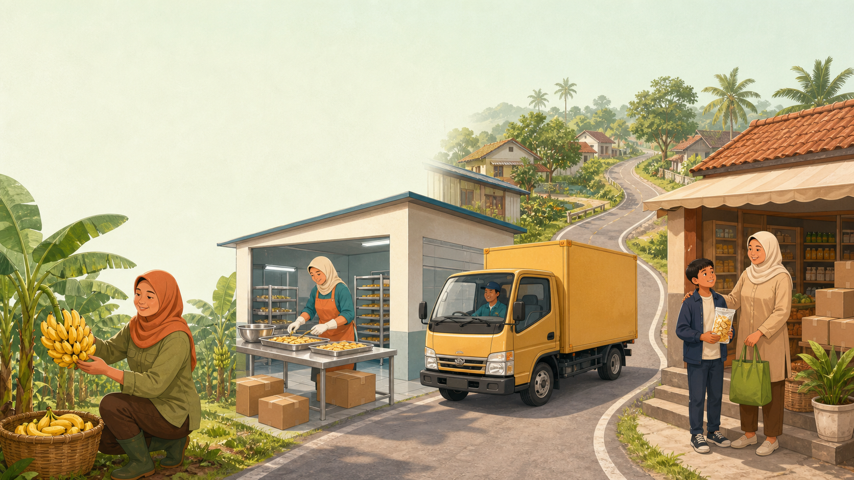 Ilustrasi kegiatan produksi, distribusi, dan konsumsi