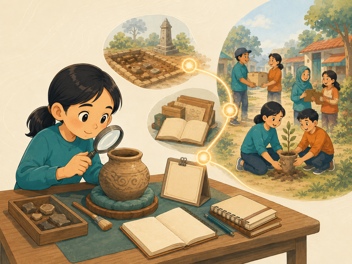 Murid mengamati sebuah objek, membaca petunjuk, dan menghubungkan masa lalu dengan masa kini