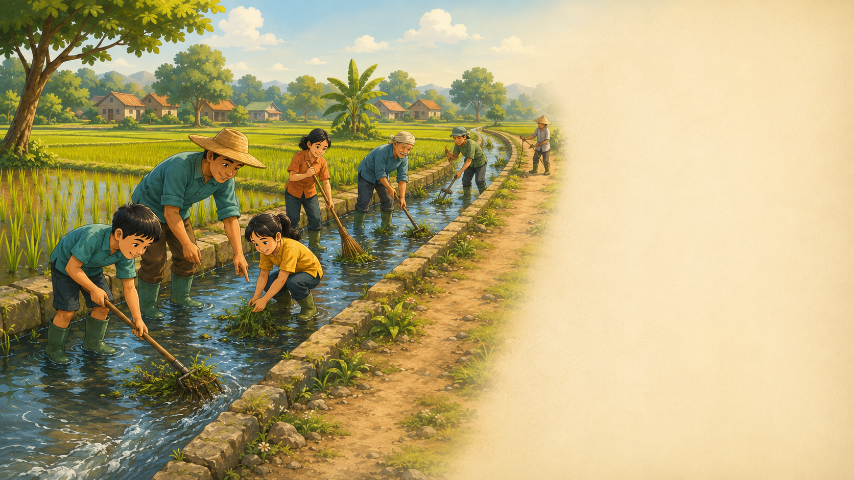 Warga lintas generasi membersihkan saluran air yang mengalir menuju lahan pertanian