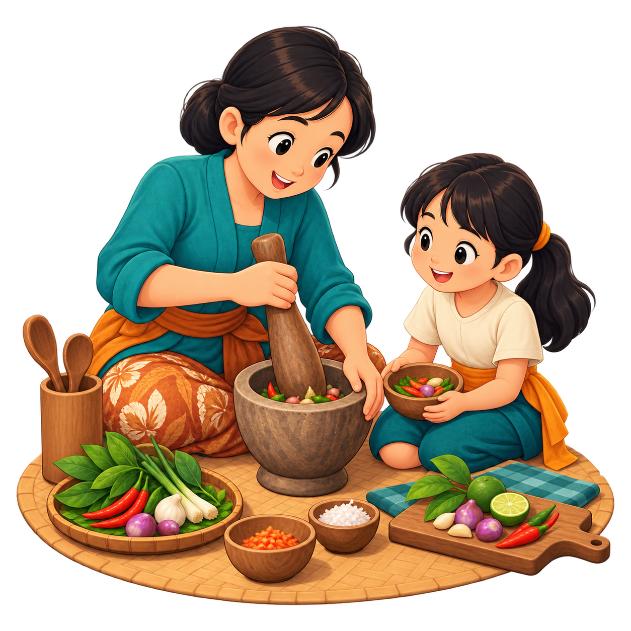 Seorang dewasa mengajarkan keterampilan mengolah makanan kepada seorang anak